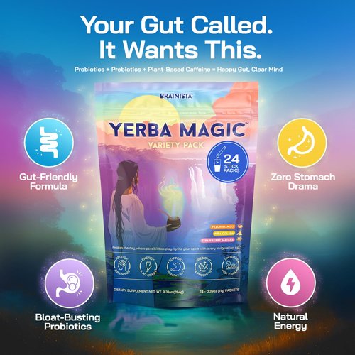 Yerba Magic Instant Yerba Mate Powder Packets – Clean Energy & Focus Drink Mix for Gut Health – Nootropic Blend with Lion’s Mane, L-Theanine, Prebiotics & Probiotics – Low Sugar Natural Caffeine – Variety Pack, 24 Sticks