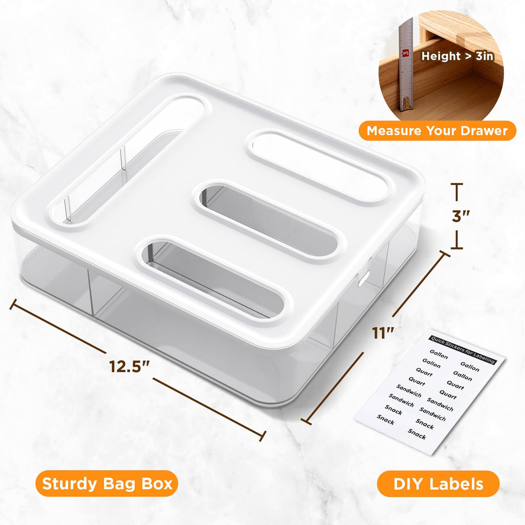 OUTXE Bag Organizer for Drawer + Fridge, Magnetic Kitchen Baggie Storage | Pantry Organization for Ziplock Plastic Food Bags | Compatible with Snack Sandwich Quart Gallon (White)