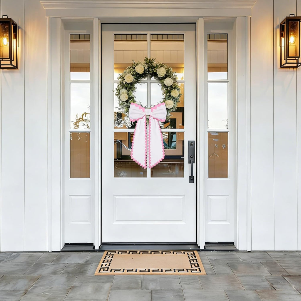 Skiennix Scalloped Wreath Sash - Elegant Ruffle Ribbon Bow for Front Door Decor | White & Pink Set of 2