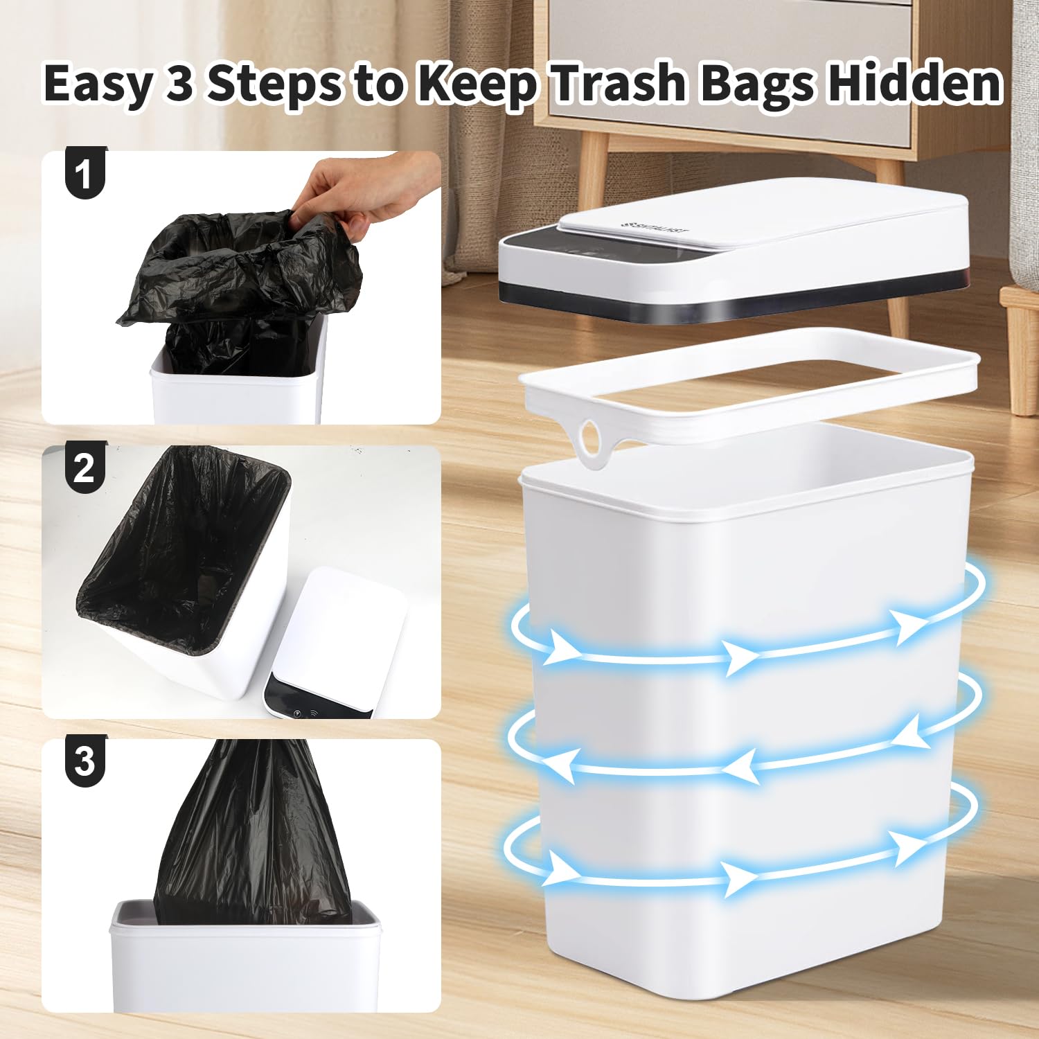SHTALHST 3 Pack Bathroom Trash Can with Lid, 2.5 Gallon Small Slim Trashcan, Automatic Trash Can Touchless, Motion Sensor Waterproof Plastic Trash Bin for Bedroom Kitchen Office Living Room (White)