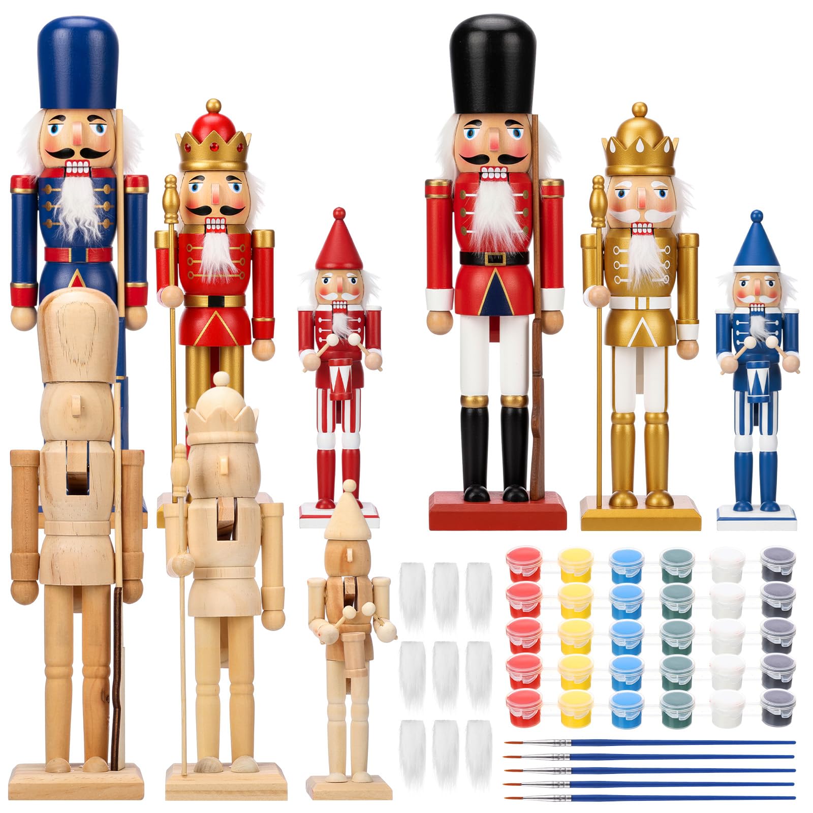 Vercraft 9 Set Unfinished Nutcracker Wooden Unpainted Nutcrackers Christmas Plain Paint Your Own Nutcracker Figurines Craft Kit Ornaments with Paint and Brush for Xmas Holiday Decoration