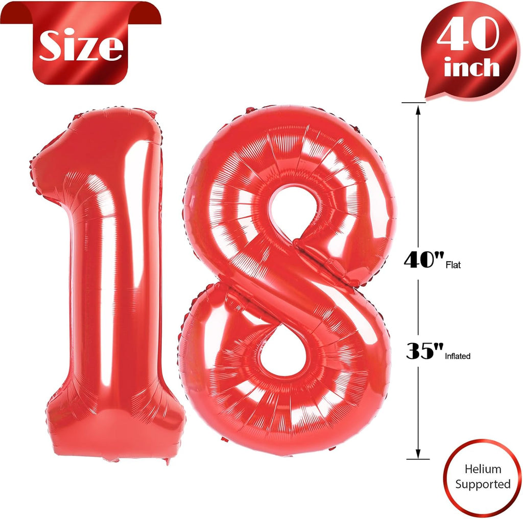 Red Number 18 Balloon - 40 Inch Giant 18th Birthday Decoration for Girls & Boys Party Supplies