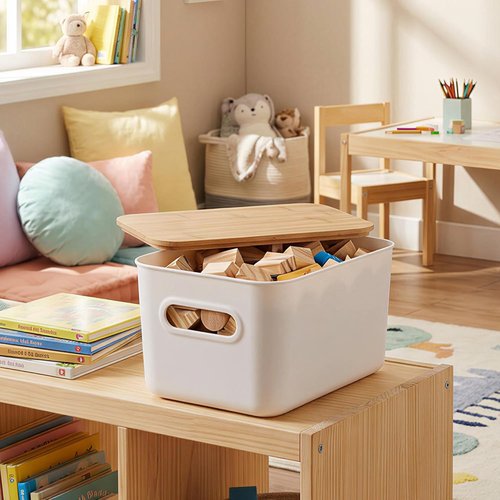 Citylife Storage Bins - Stackable 7QT Plastic Organizer Boxes with Bamboo Lids | 4 PCS, 10" L x 7" W x 5.8" H