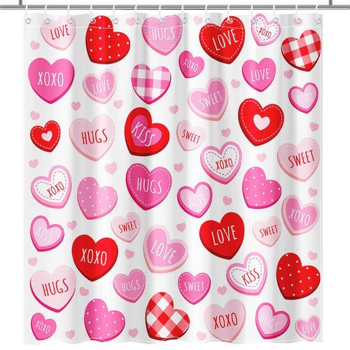 Lindameler Valentines Shower Curtain Cute Love Pink Hearts Shower Curtain for Valentines Day Decorations Waterproof Romantic Sweetheart Bathroom Decor Curtain, 72 X 72 Inch