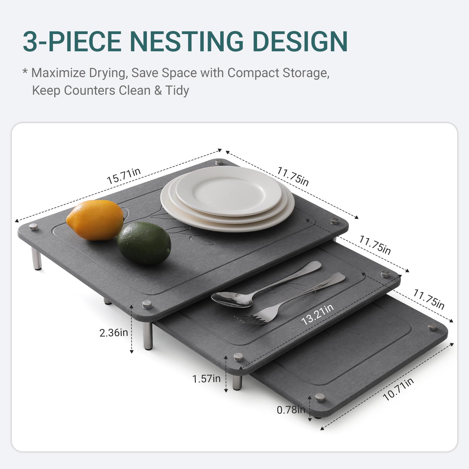 Stageya 3Pcs Nesting Diatomaceous Earth Stone Drying Mat, Superior Water Absorption Quick Drying Dish Mat with Non-Slip Feet for Stability, Easy to Clean, Ideal for Kitchen Counter Sink Area