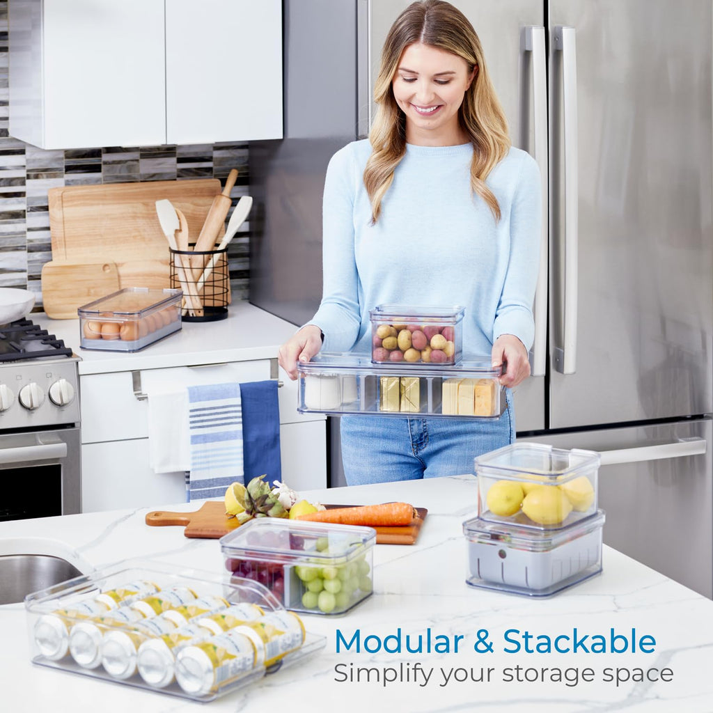 iDesign Crisp 7-Piece Recycled Plastic Refrigerator Organizer Bin Set with Lids, Clear/Gray
