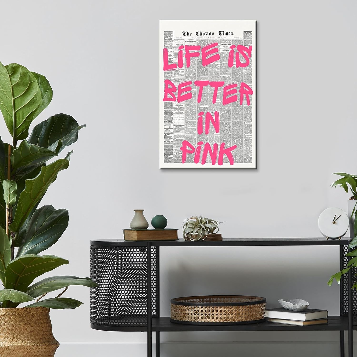 Skiennix Pink Wall Art - Retro Newspaper Canvas Poster with Positive Quote | Minimalist 16x24in Decor