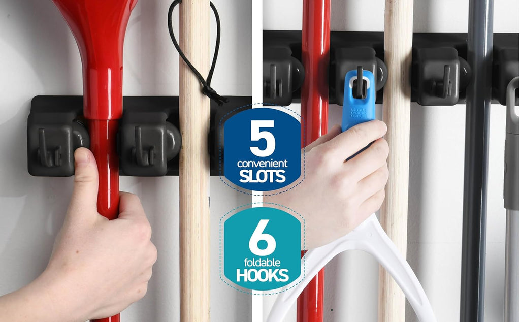 Skiennix Mop and Broom Holder Wall Mount - 5 Slots & 6 Hooks for Efficient Garage Storage | Black Organizer