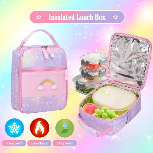 Jcobvig 3Pcs Kids Backpack For Girls,Cute Rainbow Student School Backpack With Lunch Bag Pen Bag Set (Purple Large 17.5in