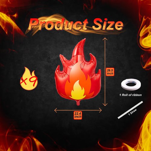 9 Pcs Fire Balloons 28 Inch Flame Balloons Decorations, Red Fire Balloon for Fireman Theme Birthday Party Supplies