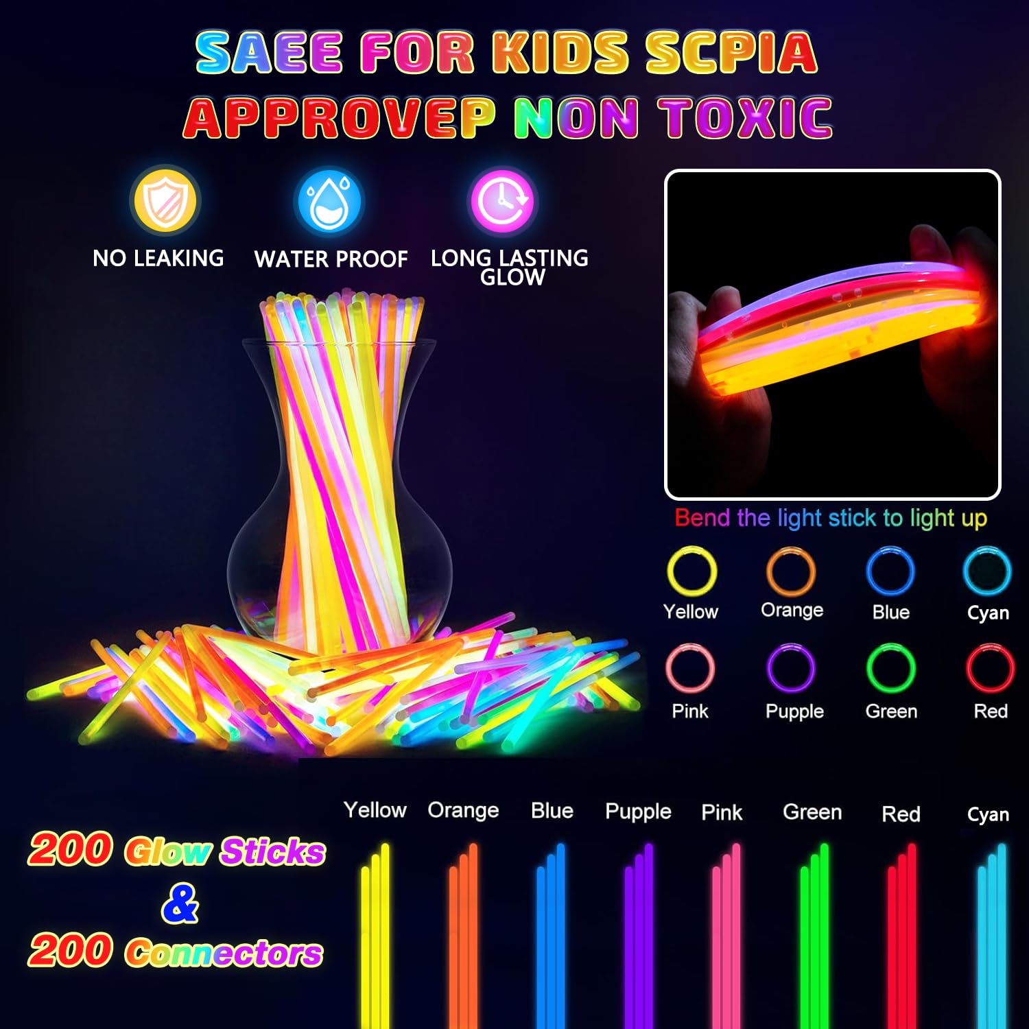 HONLYNE 200 Pcs Glow Sticks Bulk Party Pack, 8'' Glow in the Dark Party Supplies, Glow in the Dark Light Up Sticks with Connectors, Party Favors for Birthday, Concert, Raves, Halloween, Christmas