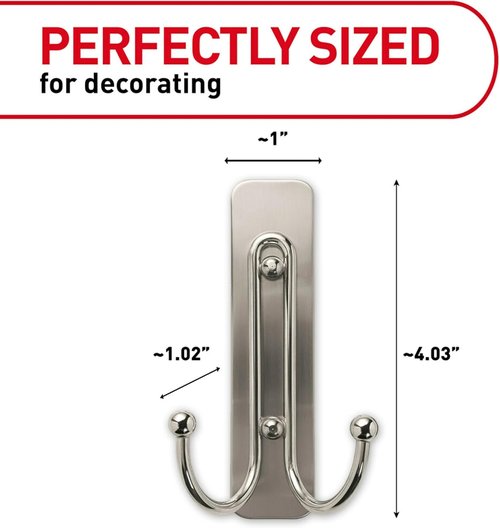 Command Large Brushed Nickel Double Hooks - Damage-Free Adhesive Wall Hooks | Holds Up to 4 lb, 2 Hooks & Strips