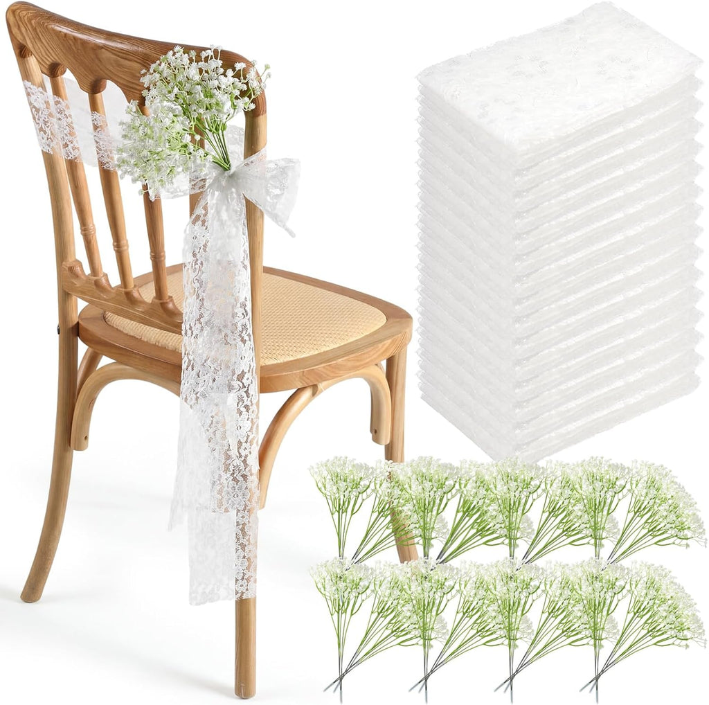 Moukeren White Lace Chair Sashes - 24 Sets with Artificial Baby's Breath | 8.2ft Wedding Aisle Decor