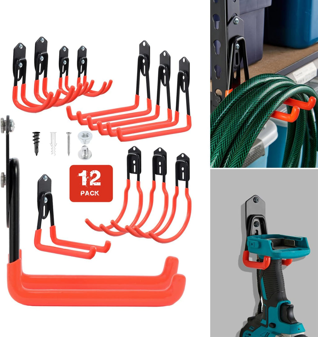 Wallmaster Garage Hooks Organizer Kit - 12 Pack Adjustable Heavy-Duty Steel Hooks for Garden Tool Storage