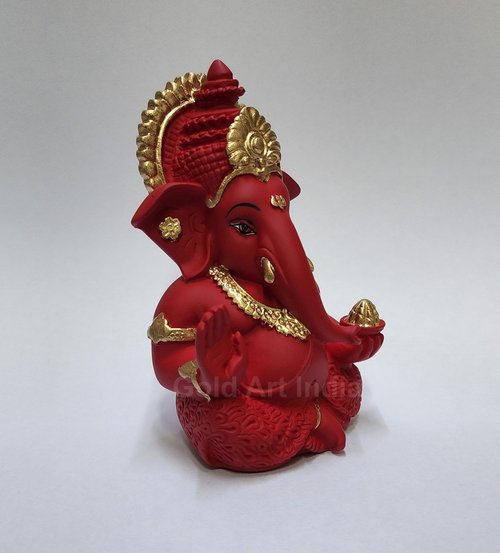 Gold Art India Mukut Ganesha Idol for Car Dashboard Maroon Red and Gold Small Ganesha Murti Ganpati Idol for Home Decor Puja Lord Ganesh Statue Gift for Office Desk Puja Room Figurine