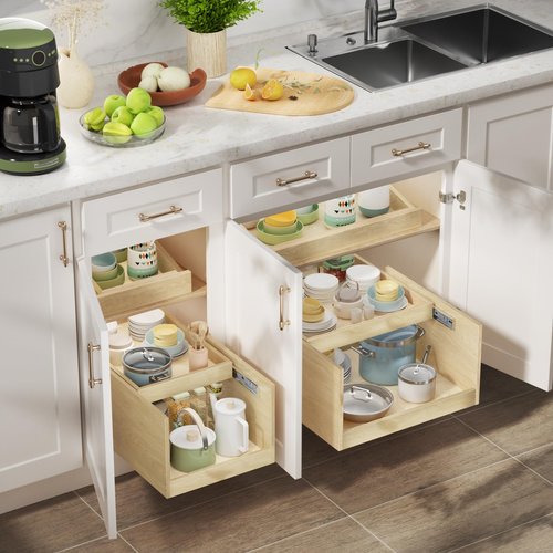 LOVMOR Retractable Double-Drawer Pull Out Cabinet Organizer 10½” W x 21” D Soft Close Cabinet Drawers Slide Out with Full Extension Rail Slides Cabinet Pull Out Shelves for kitchen Cabinets