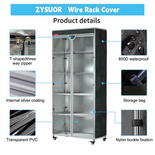 ZYSUOR Rack & Shelf Cover for Storage Shelving, Waterproof & Dustproof Protector with Clear Zipper Front, Fits Wire Shelves 36" L x 14" D x 72" H (Cover Only)