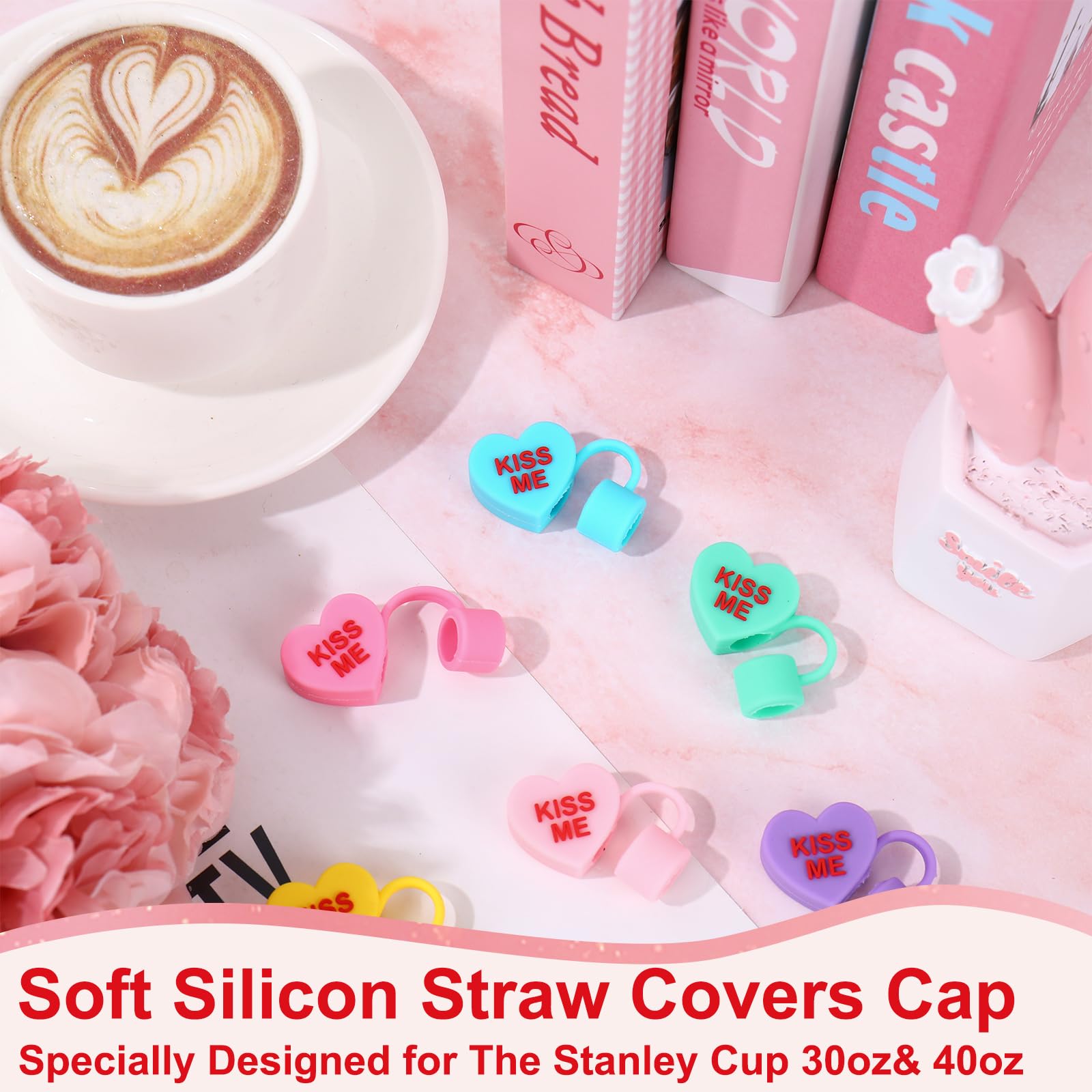 Whaline 6 Pcs Valentine's Day Conversation Heart Straw Cover Cap Reusable Silicone Straws Topper Pastel 10 Mm/0.4 Inch Straw Tip Lid Protector for 30/40 Oz Tumbler Cup Accessory Party Decor