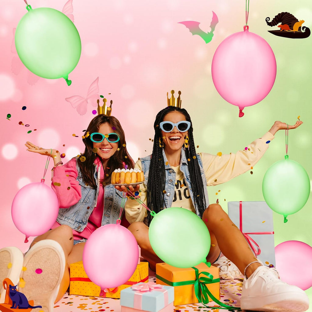 Skiennix Punch Balloons - 24 Pcs Pink & Green Bounce Balloons with Rubber Band Handles for Parties