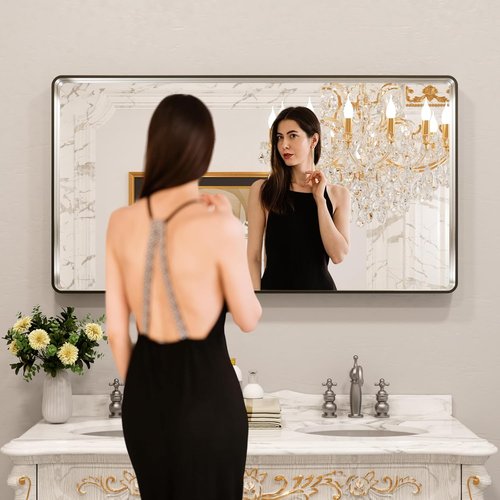 LOAAO Brushed Nickel Bathroom Mirror - 55x30 Inch Rounded Rectangle Design | Anti-Rust, Shatter-Proof, Versatile Hanging Options