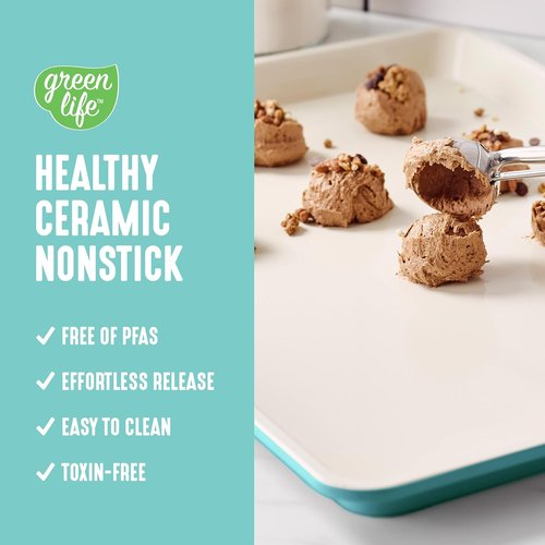 GreenLife Bakeware Half Cookie Sheet - Non-Toxic PFAS-Free Ceramic, 18” x 13”, Easy Release, Turquoise