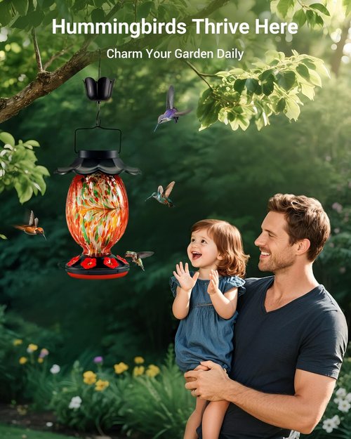 HouseSapp Solar Hummingbird Feeder - 49 fl. oz Color Changing Glass - 7 Feeding Ports & Perch