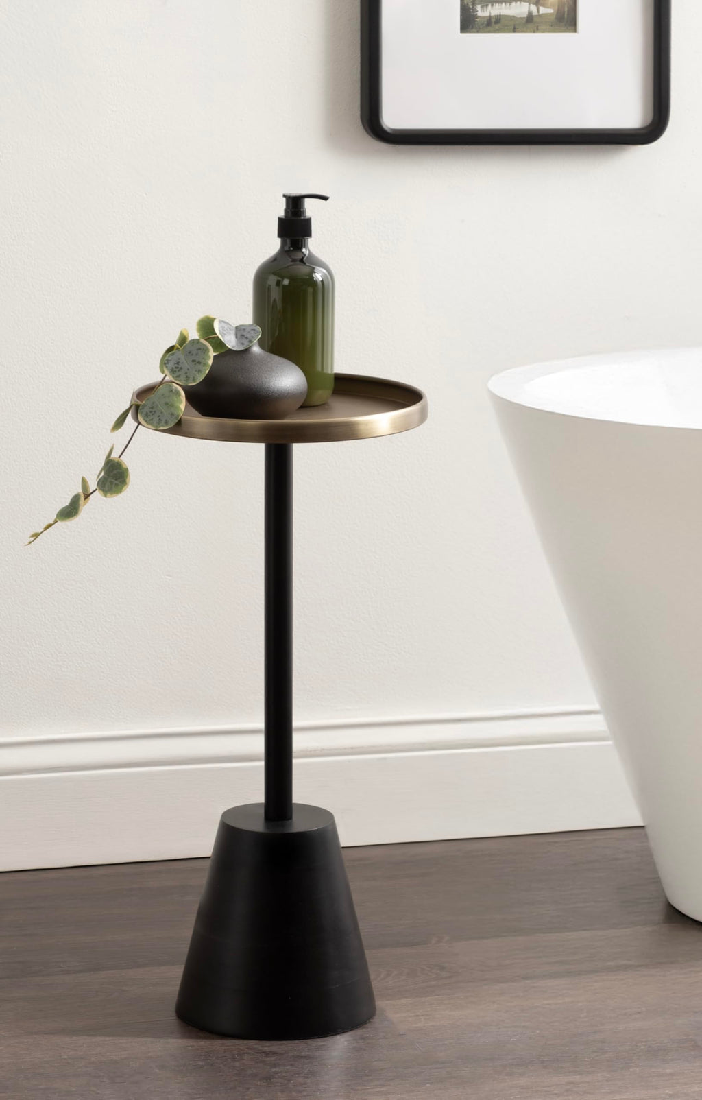 Kate and Laurel Tira Elegant Round Drink Table, 10 x 22, Antique Brass and Black, Vintage Glam Circle Martini Table for Use as a Small Bedroom Nightstand or Living Room Plant Stand Option