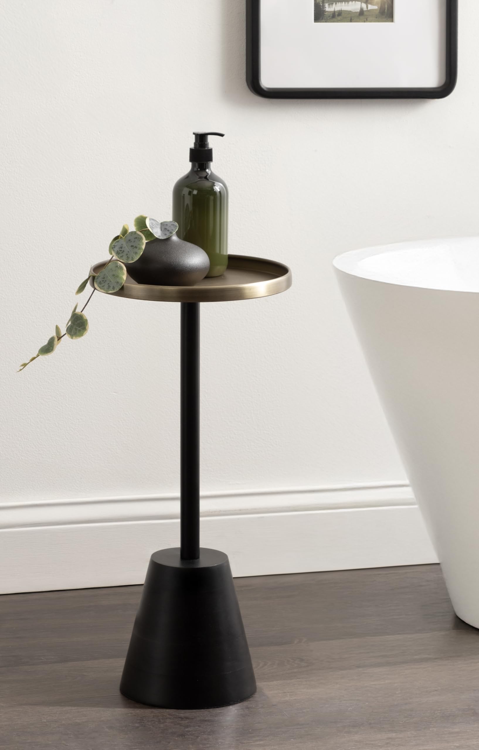 Kate and Laurel Tira Elegant Round Drink Table, 10 x 22, Antique Brass and Black, Vintage Glam Circle Martini Table for Use as a Small Bedroom Nightstand or Living Room Plant Stand Option