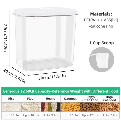 Airtight Rice Container 25 Lbs with Handle and Cup – 12.68Qt Large Flour Sugar Storage Container with Pop Up Seal & Hanging Lid Hooks, Clear Tall Food Storage Bin for Kitchen Pantry Organization