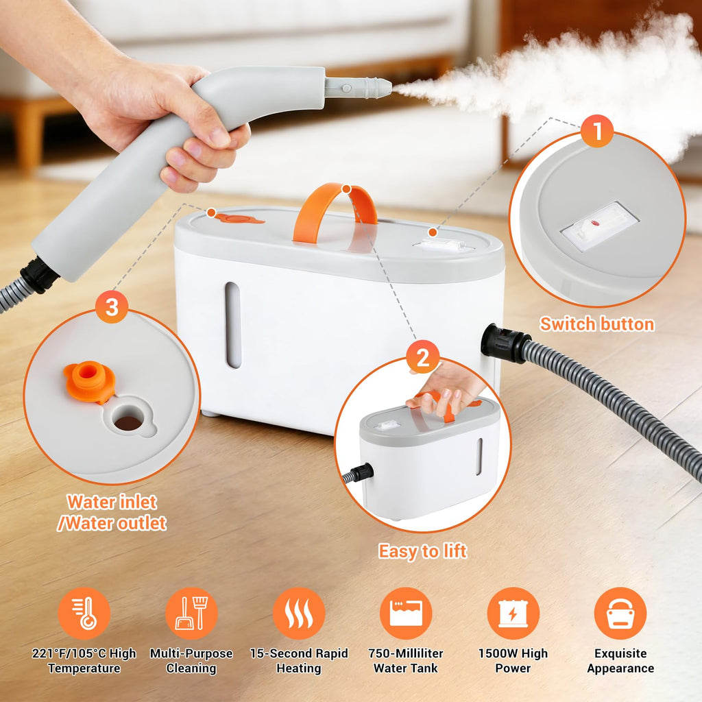 Steam Cleaner for Home - Portable Handheld Steamer for Cleaning With 15s Heat-UP, 0.78 Quarts Tank,9 Accessories - Clean Grease,Automotive wheels and interior trim,Grout, Tile, Floor, Couch, Carpets