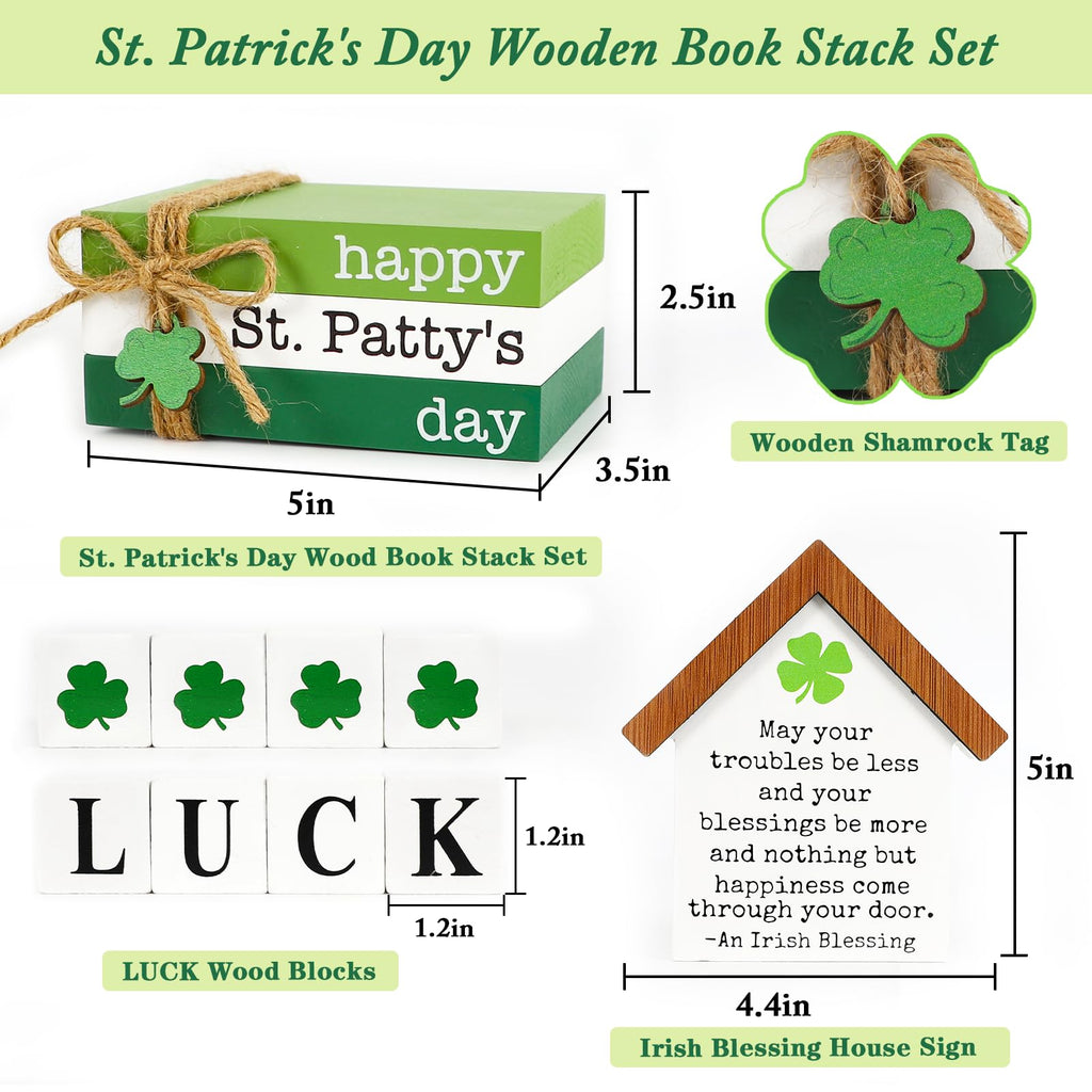 DAZONGE St. Patrick's Day Decorations, 6PCS St. Patrick's Day Tiered Tray Decor, Happy St. Patty’s Day Book Stack, Shamrock LUCK Blocks, St. Patrick's Day Signs for Home Table Shelf Decor