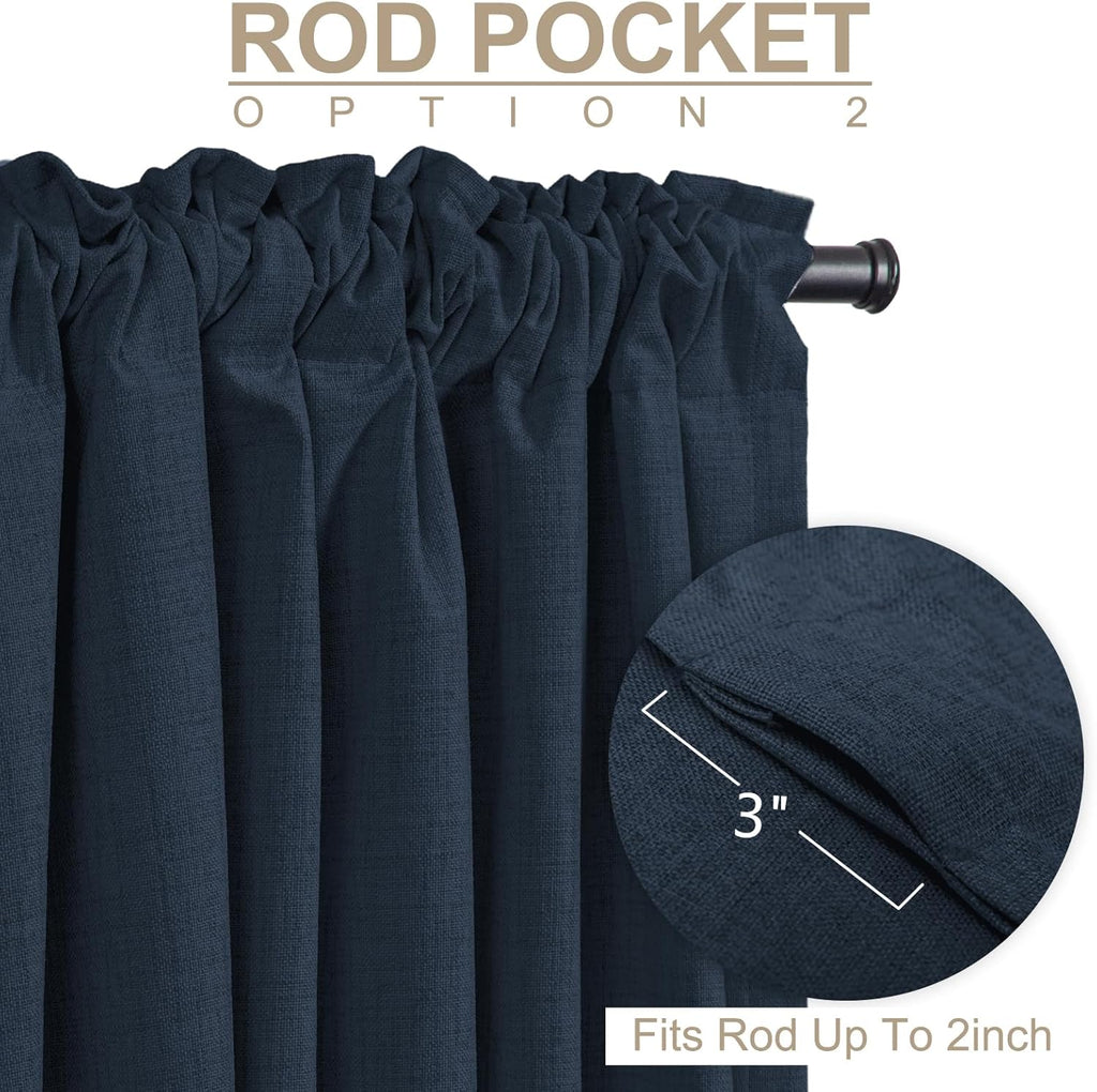 Skiennix 100% Blackout Linen Curtains - Thermal Insulated Drapes for Bedroom | 50" W x 96" L, Navy