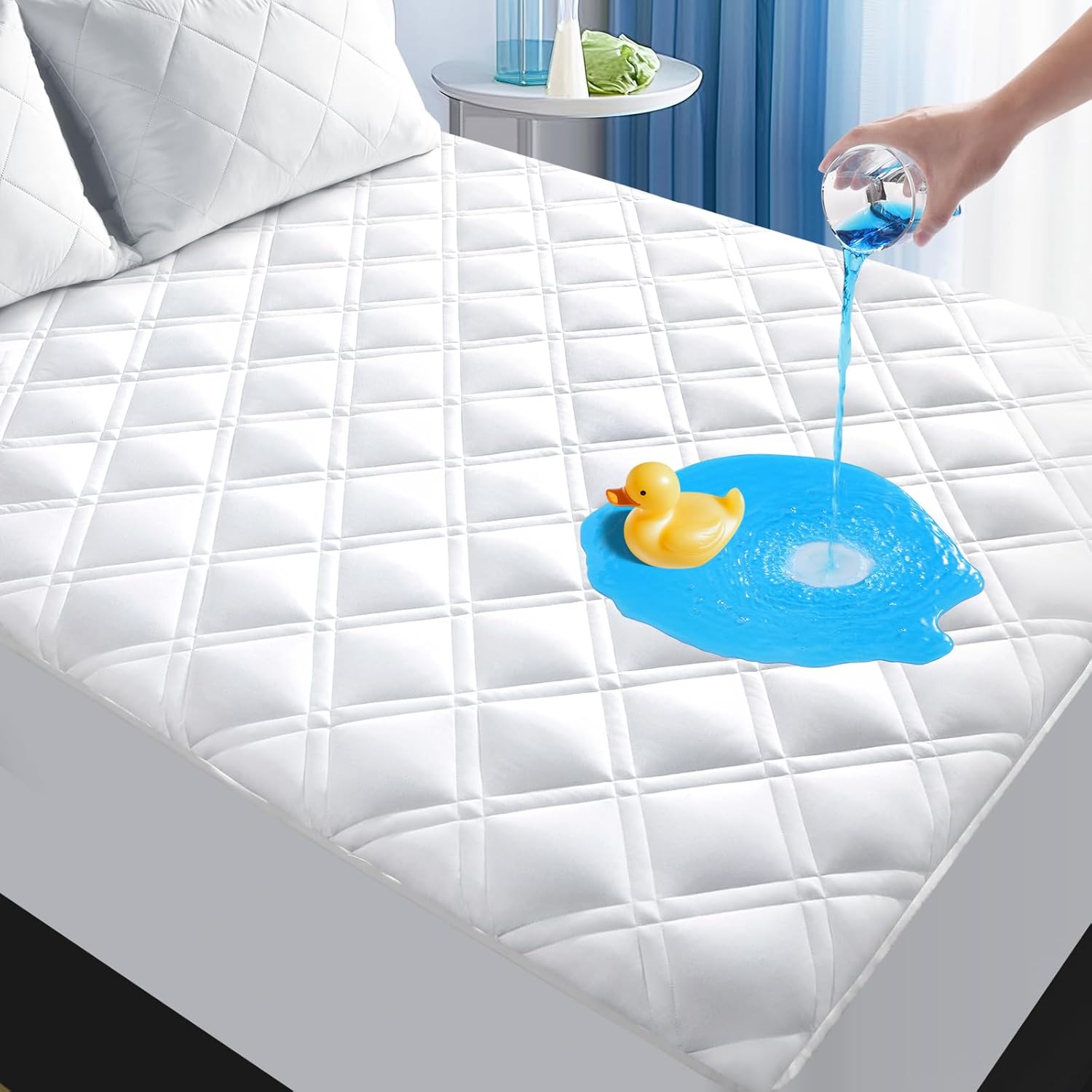 MEELUS Queen Mattress Protector - Breathable Waterproof Fitted Pad Cover | Soft, Noiseless & Washable, White