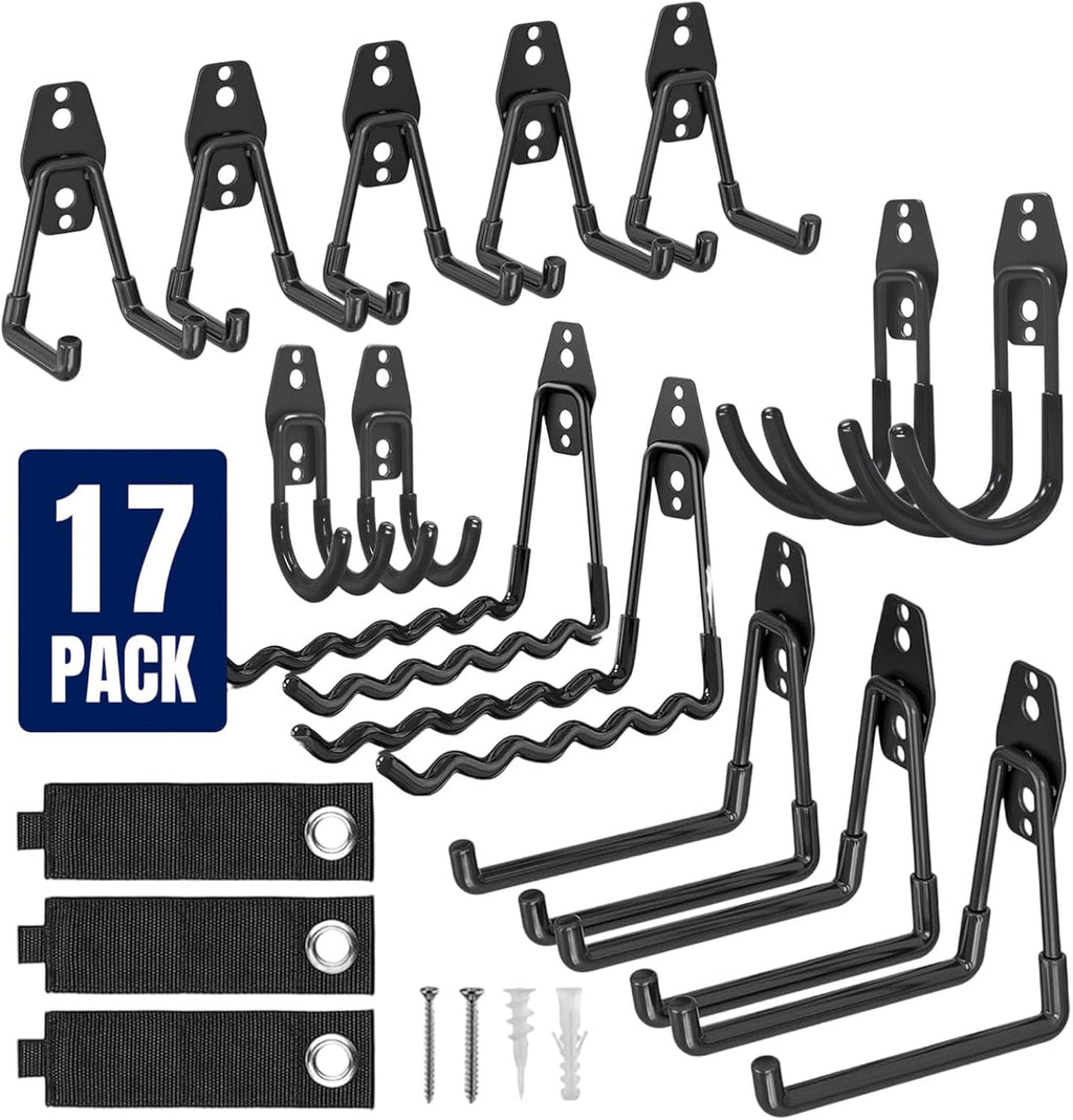 **Garage Wall Hooks by [Brand Name] - 17 Pack Heavy Duty Utility Hooks with 3 Extension Cord Straps for Ladders, Bikes & Tools**