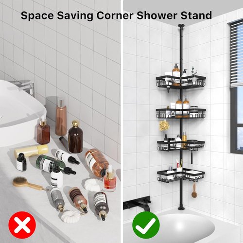 KEGII Corner Shower Caddy Tension Pole - Waterproof Floor-to-Ceiling Organizer | Adjustable 25-114.2 Inch, Black