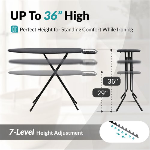 ZOES HOMEWARE 2026 Enhanced Ironing Board, Folding Iron Board with Retractable Iron Rest& Hook, 7-Level Height Adjustable Ironing Table with Thermo-Reflective Surface &10mm Thicken Pad, 43"x14"x36"