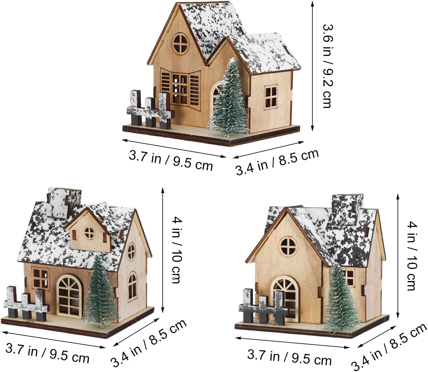 Toyvian Christmas Village Houses Set - 3 Pcs Wooden LED Lighted Ornaments for Table Decor (Brown)