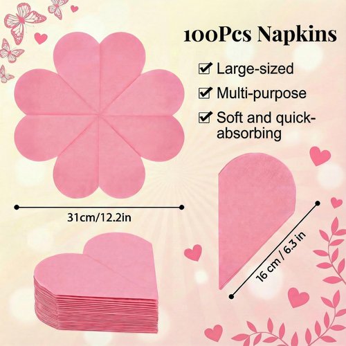100Pcs Heart Paper Napkins Pink Heart Shaped Disposable Napkins Large Size Super Absorbent Napkins Set, Perfect for Valentine's Day, Weddings, Engagements, and Mother's Day