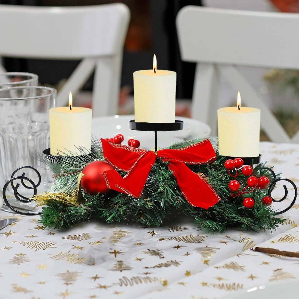 MorTime Christmas Candle Holder - Festive Table Centerpiece with Red Bow, Berries & Pinecones | Steel Base