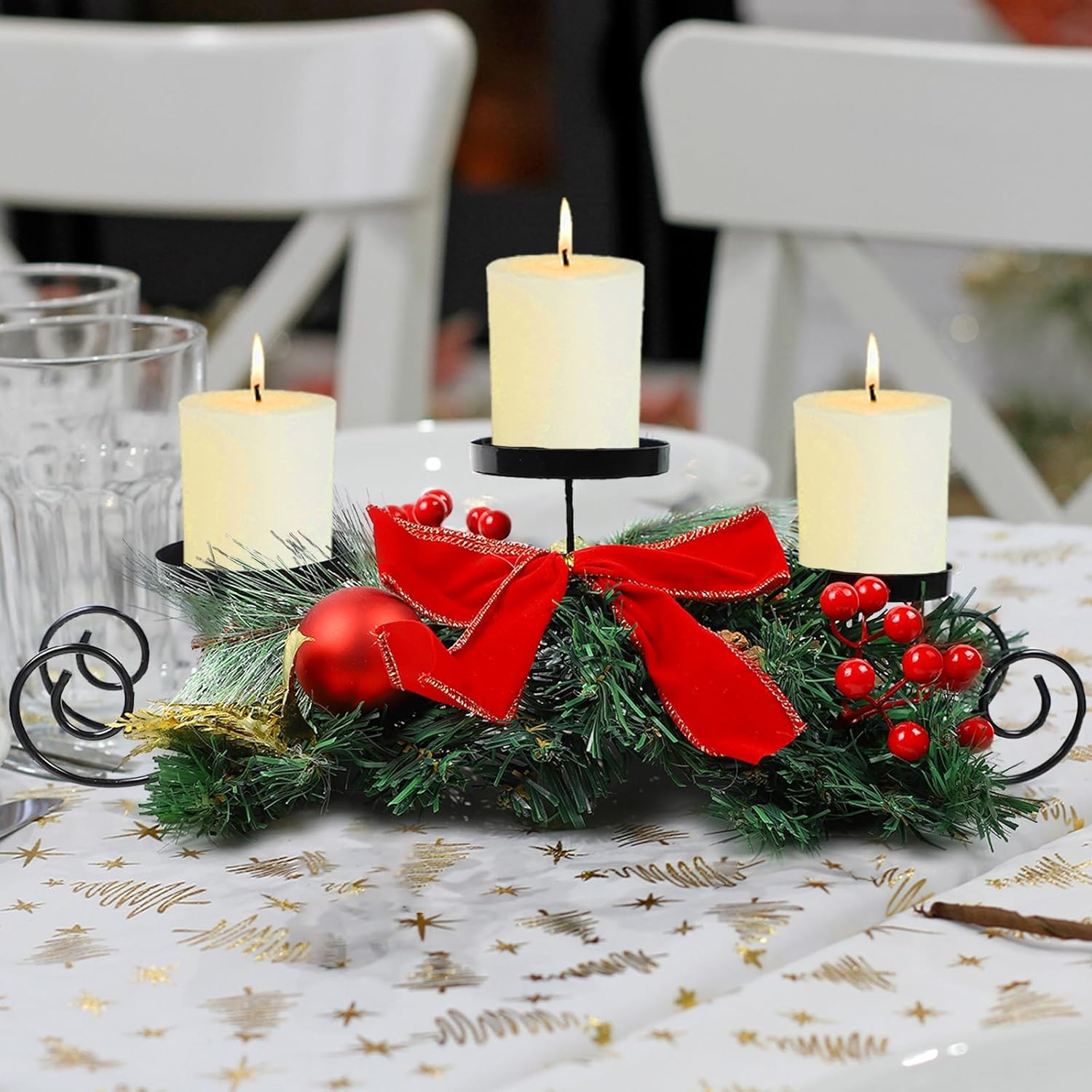 MorTime Christmas Candle Holder - Festive Table Centerpiece with Red Bow, Berries & Pinecones | Steel Base