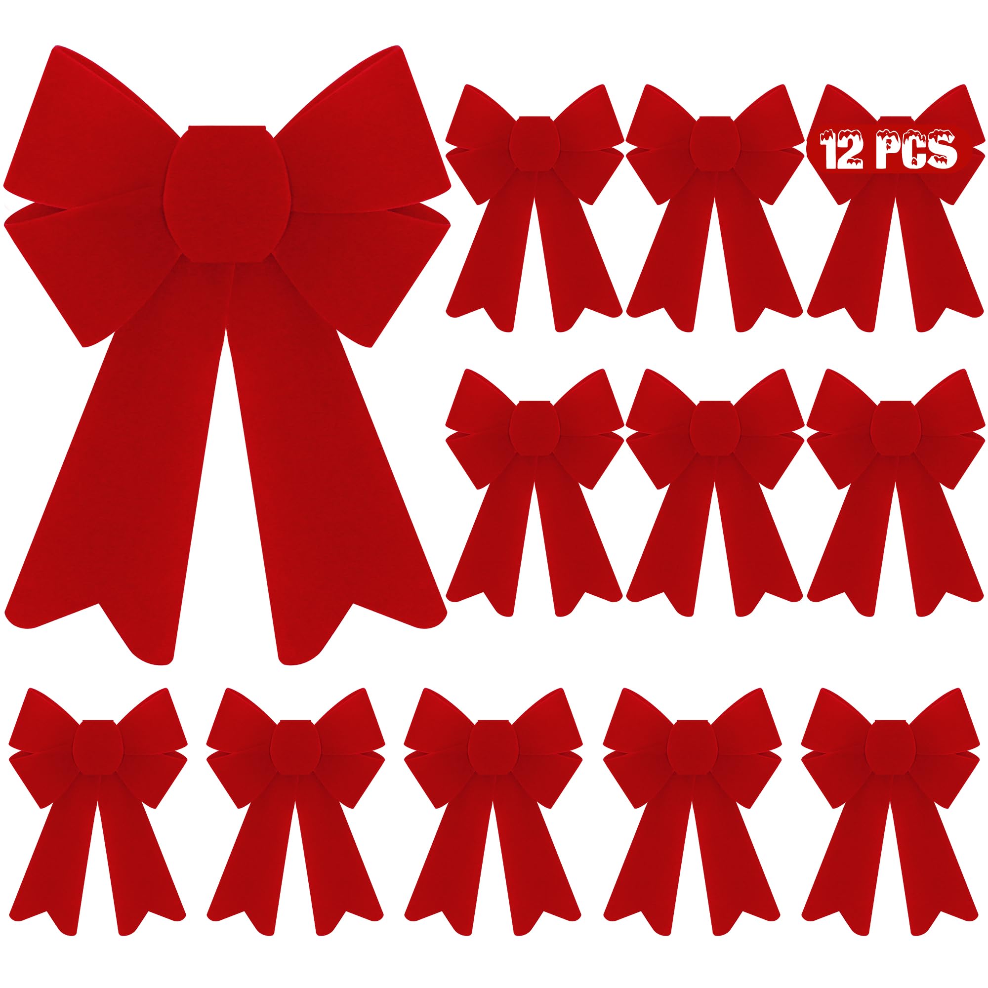 Heartome 12 PCS Christmas Bows, PVC Christmas Tree Bows 5 x 8 Inches, Red Velvet Bows for Hanging Red Xmas Outdoor Indoor Large Bows Xmas Decor Party Supplies Wreath Railing Fences
