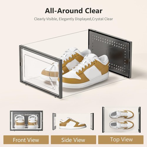 Kuject Shoe Storage Box - Large Crystal Clear Stackable Organizer | Space-Saving 12-Pack Black