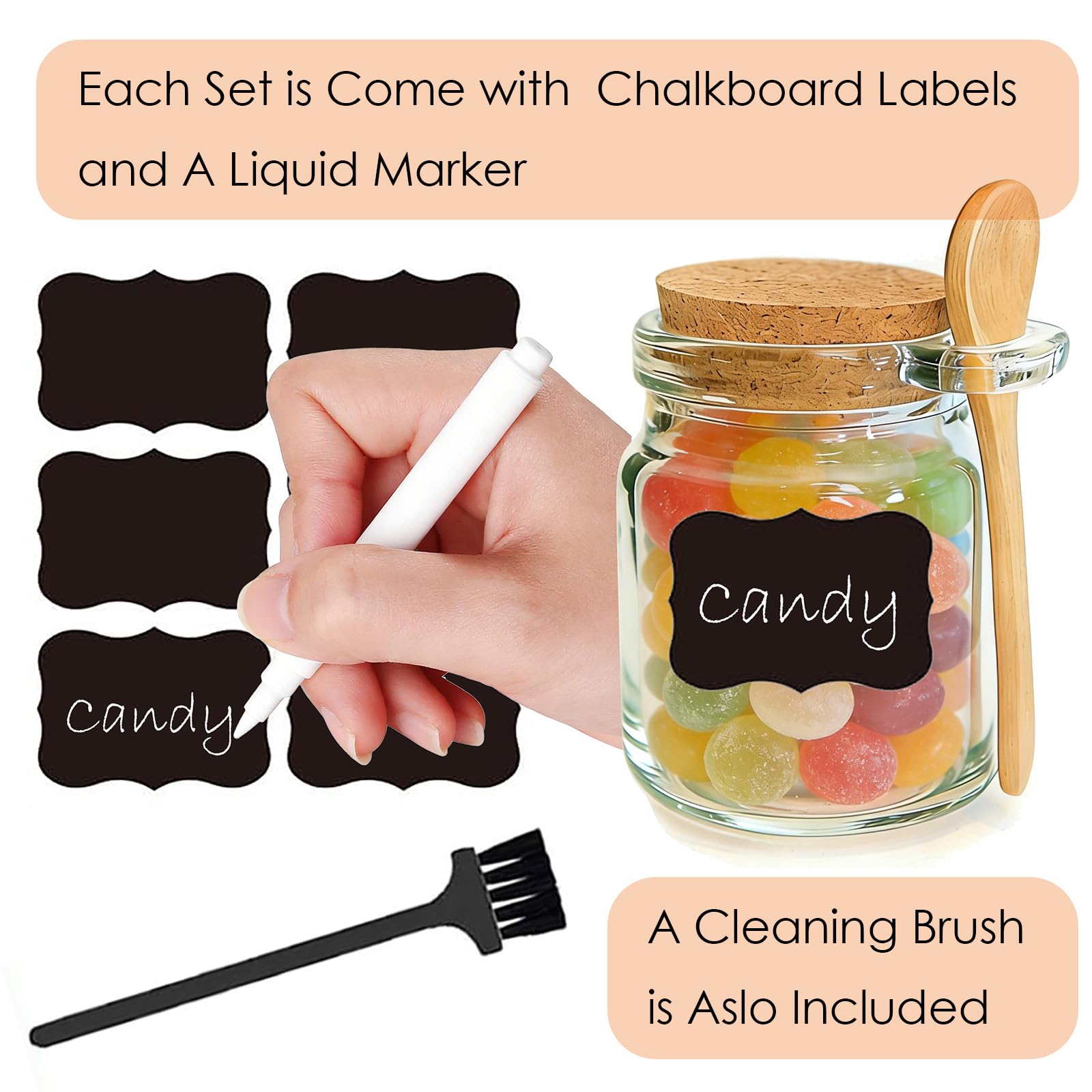 Ahhute Glass Sugar Scrubs Jars, Bath Salt Container, Snacks Spice Jars w/Bamboo Spoons, Honey Scrubs Body Butter Jar w/Corks, Labels and Cleaning Brush, Wedding Party Favors Gifts, 8oz 24 Pack