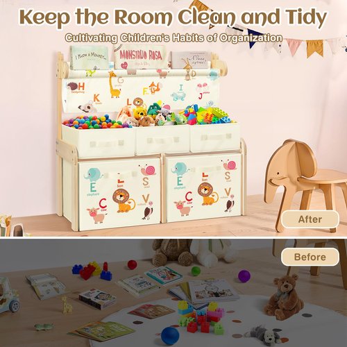 Kids Bookshelf Toy Storage Organizer Wooden Book Shelf with 1 Sling Bookcase and 5 Toy Bins,Toy Box for Boys Girls,3-Tier Nursery Book Shelves for Kids Rooms Bedroom,Playroom,Classroom,Animals