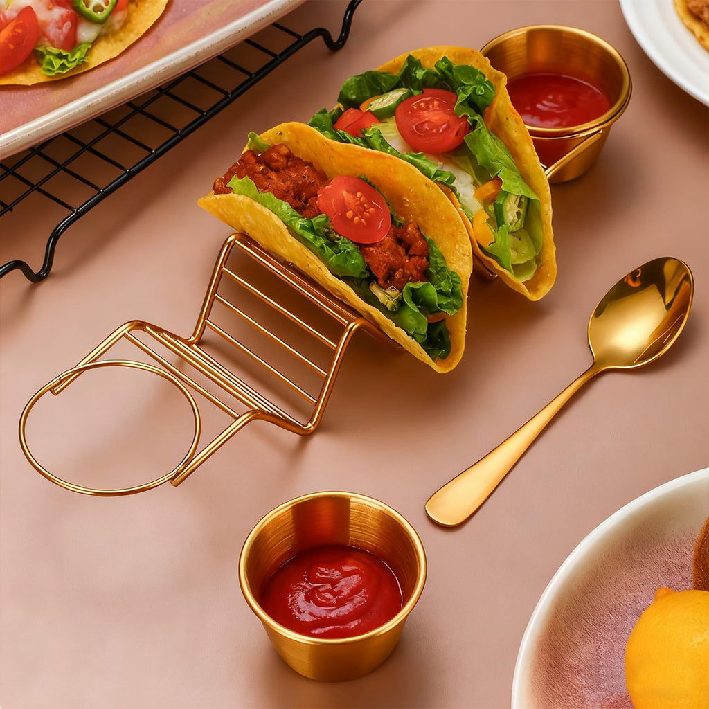 Digead Taco Holder Stand - Holds 3 Tacos with 2 Sauce Cups & Gold Spoon - Premium 304 Stainless Steel Gold-Plated - Heat Resistant & Oven/Dishwasher/Grill Safe