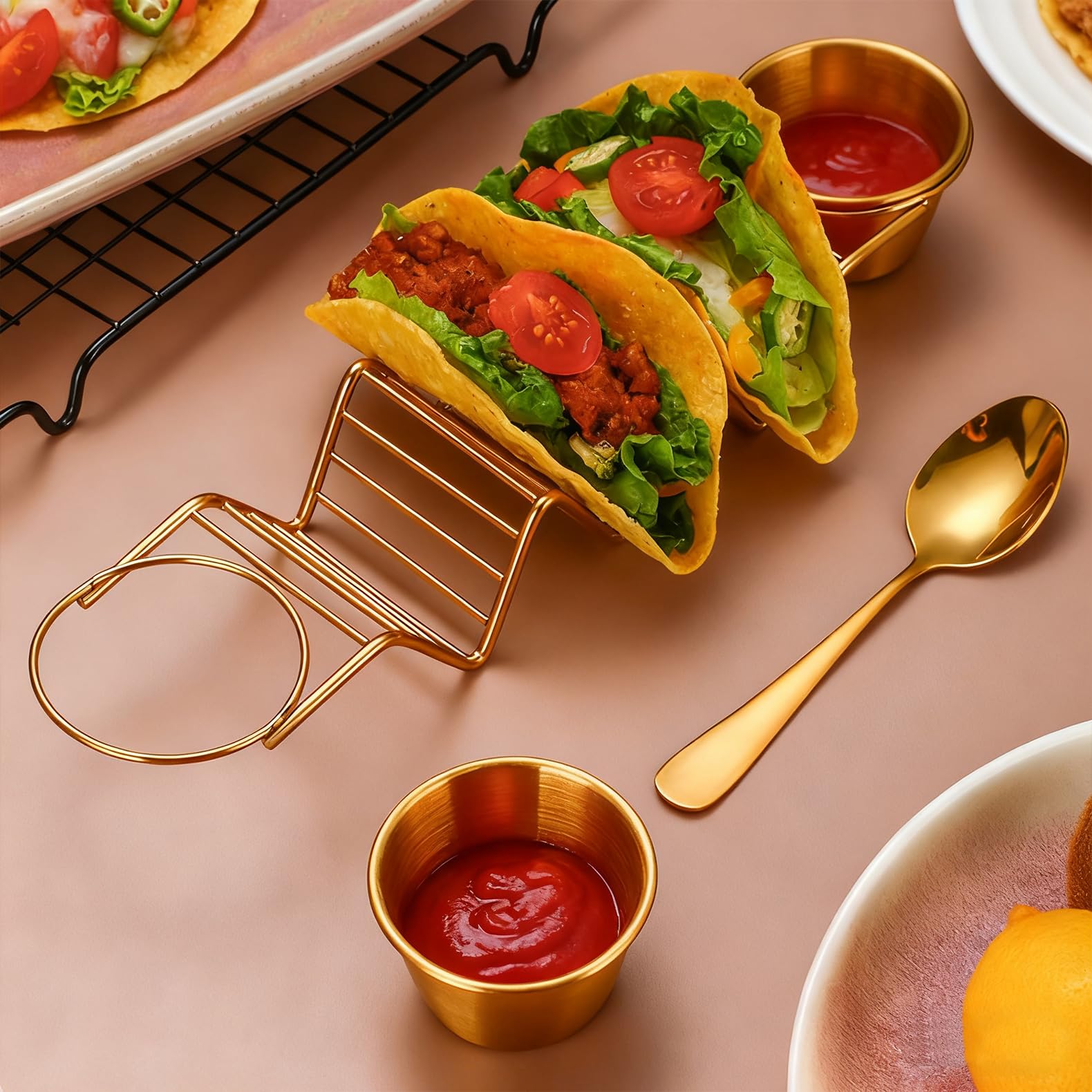 Digead Taco Holder Stand - Holds 3 Tacos with 2 Sauce Cups & Gold Spoon - Premium 304 Stainless Steel Gold-Plated - Heat Resistant & Oven/Dishwasher/Grill Safe