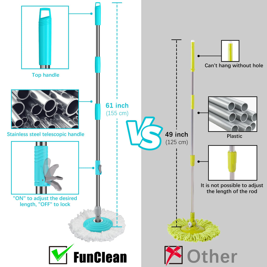 FunClean Spin Mop and Bucket for Home Cleaning, 360° Rotating Floor Mop with Wringer, Adjustable 61" Handle for Back Pain Relief, 6 Microfiber Replacement Heads, 2 Easy-Move Wheels - Blue