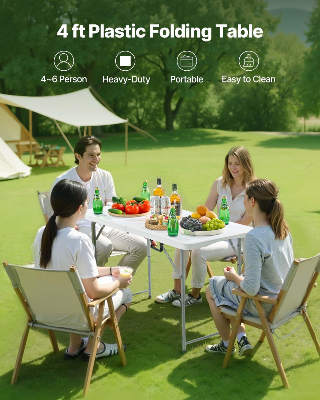 VEVOR Folding Table, Heavy Duty Portable Fold-in-Half Utility Table, Indoor Outdoor Plastic Rectangle Table with Built in Handle, for Party, Dining, Wedding, Events, Picnic, Camping, 4 ft, White