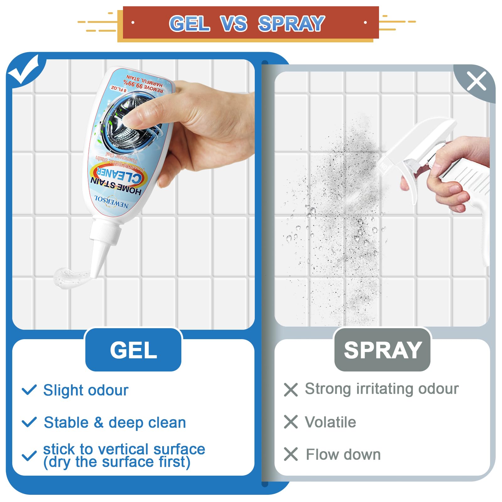 NEWERSOL Black Stain Remover Gel Washing Machine Cleaner Front Loader Grout Cleaner Home Stain Removal Gel for Washer Kitchen Sink Showers Bathroom and Floor Tile 8Fl Oz