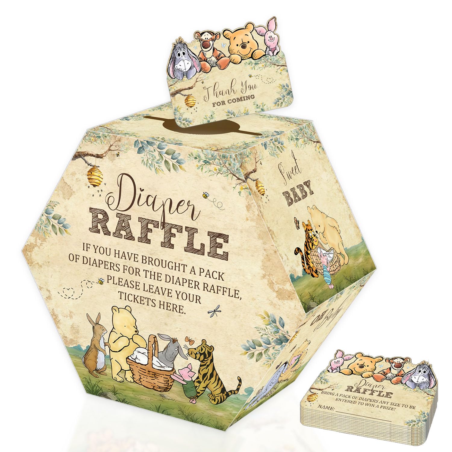 Winnie Baby Shower Diaper Raffle Hexagonal Box, 50 Bear Diaper Raffle Tickets with Box, Classic Baby Shower Game for Girls Boys, Pooh Baby Shower Party Centerpiece, Newborn Party Decoration Supplies